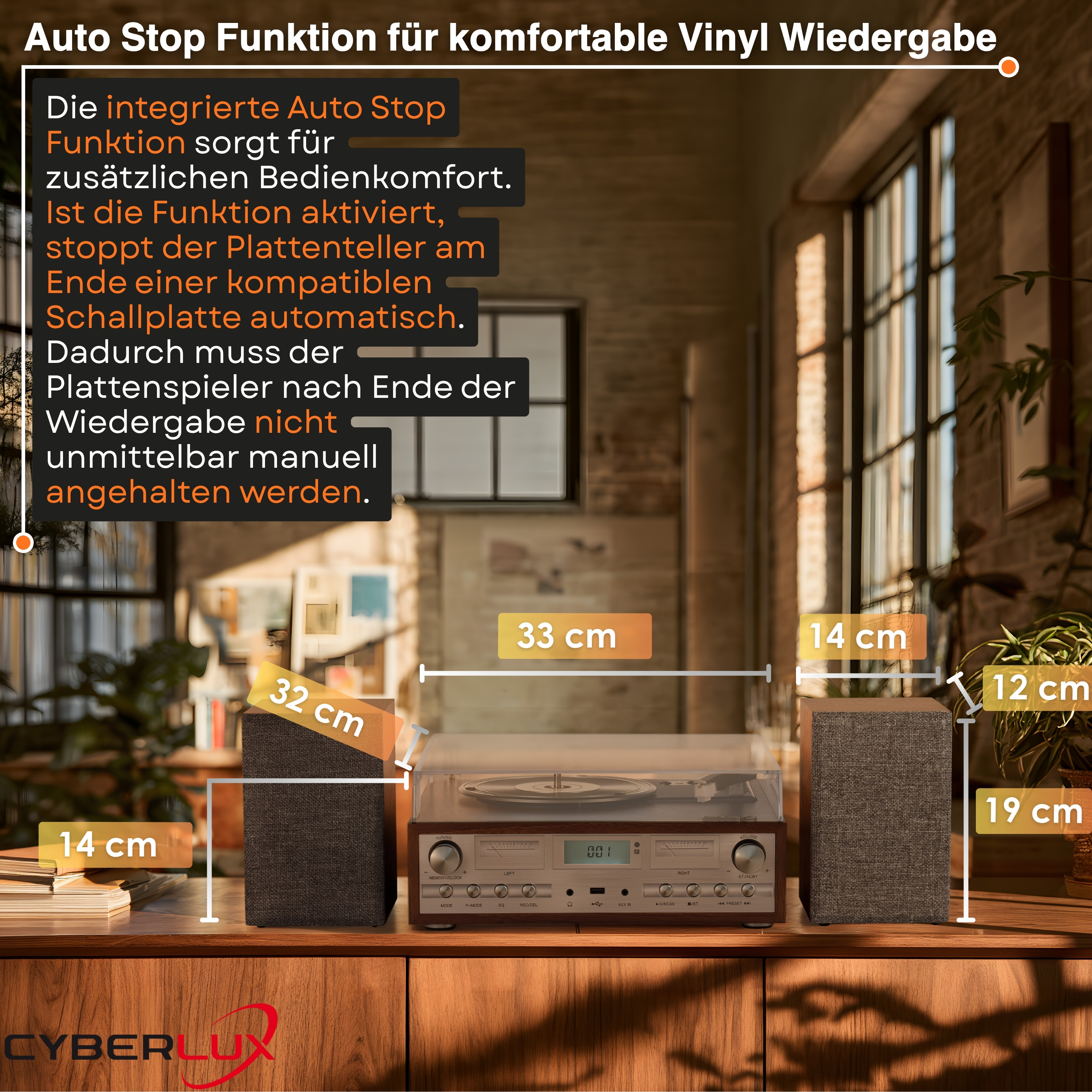 Plattenspieler mit zwei Boxen auf einem Tisch, inklusive Maßangaben und Auto-Stop-Funktion.