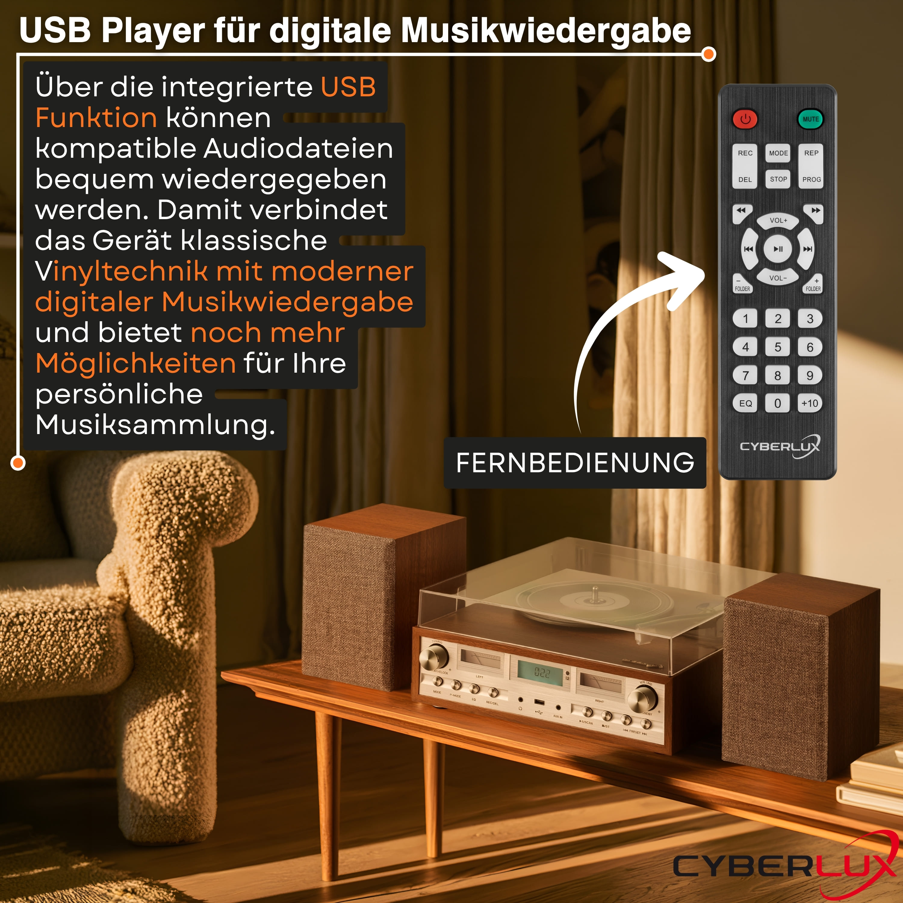 Ein Plattenspieler aus Holz mit zwei passenden Lautsprechern und einer Fernbedienung auf einem Holztisch.