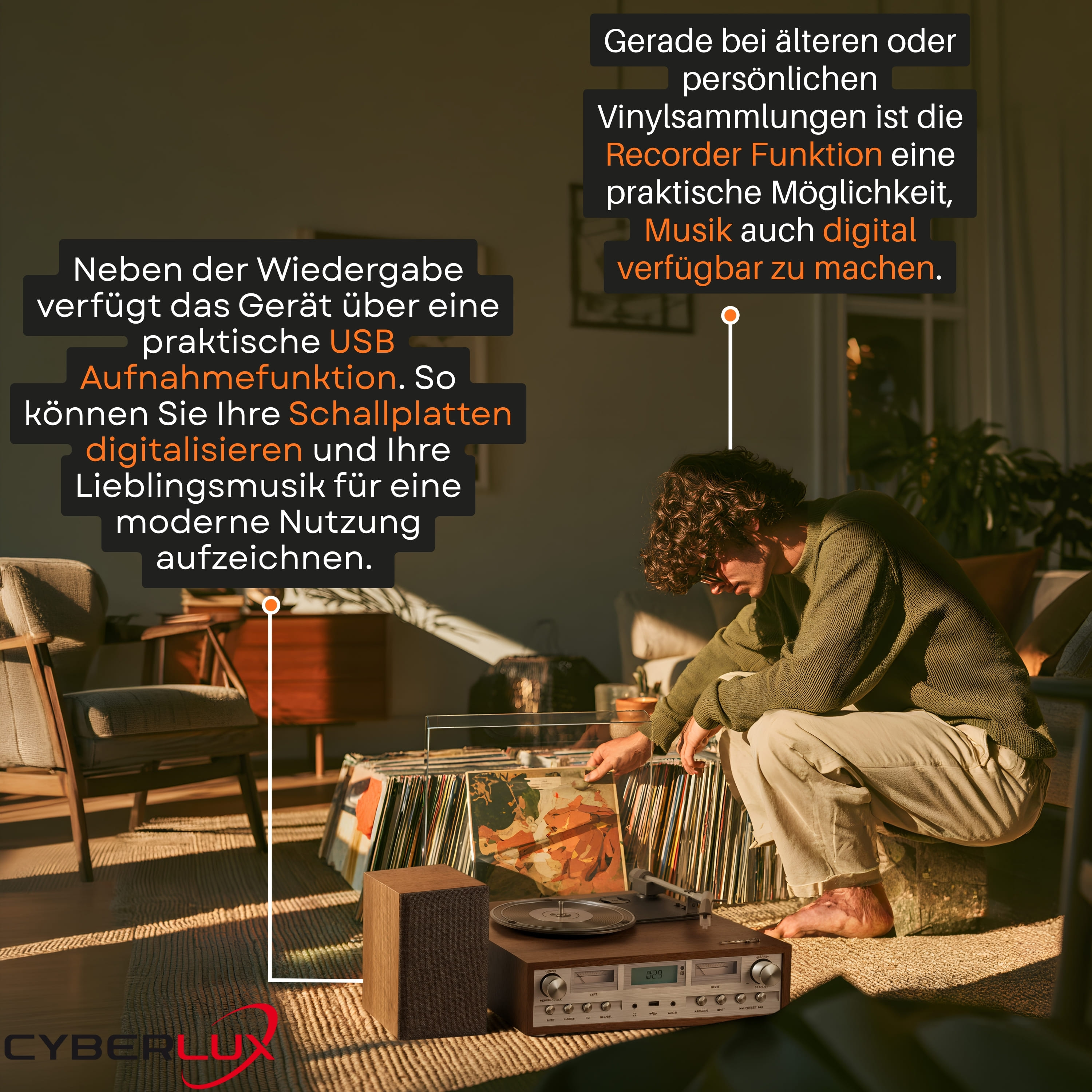 Ein junger Mann kniet vor einer Schallplattensammlung in einem sonnigen Raum und bedient einen Retro-Plattenspieler.