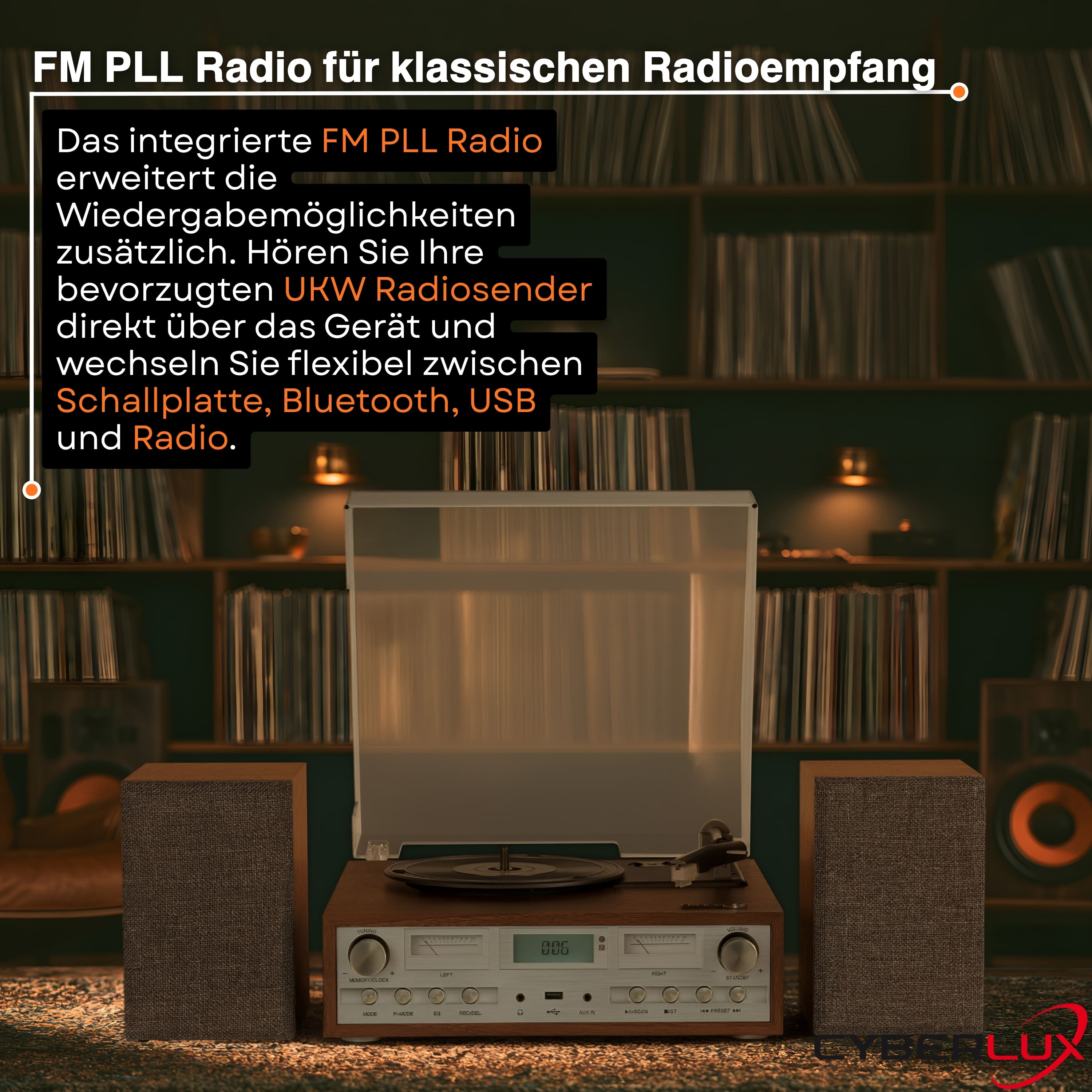 Holzfarbener Plattenspieler mit Lautsprechern vor einem Regal mit Platten.