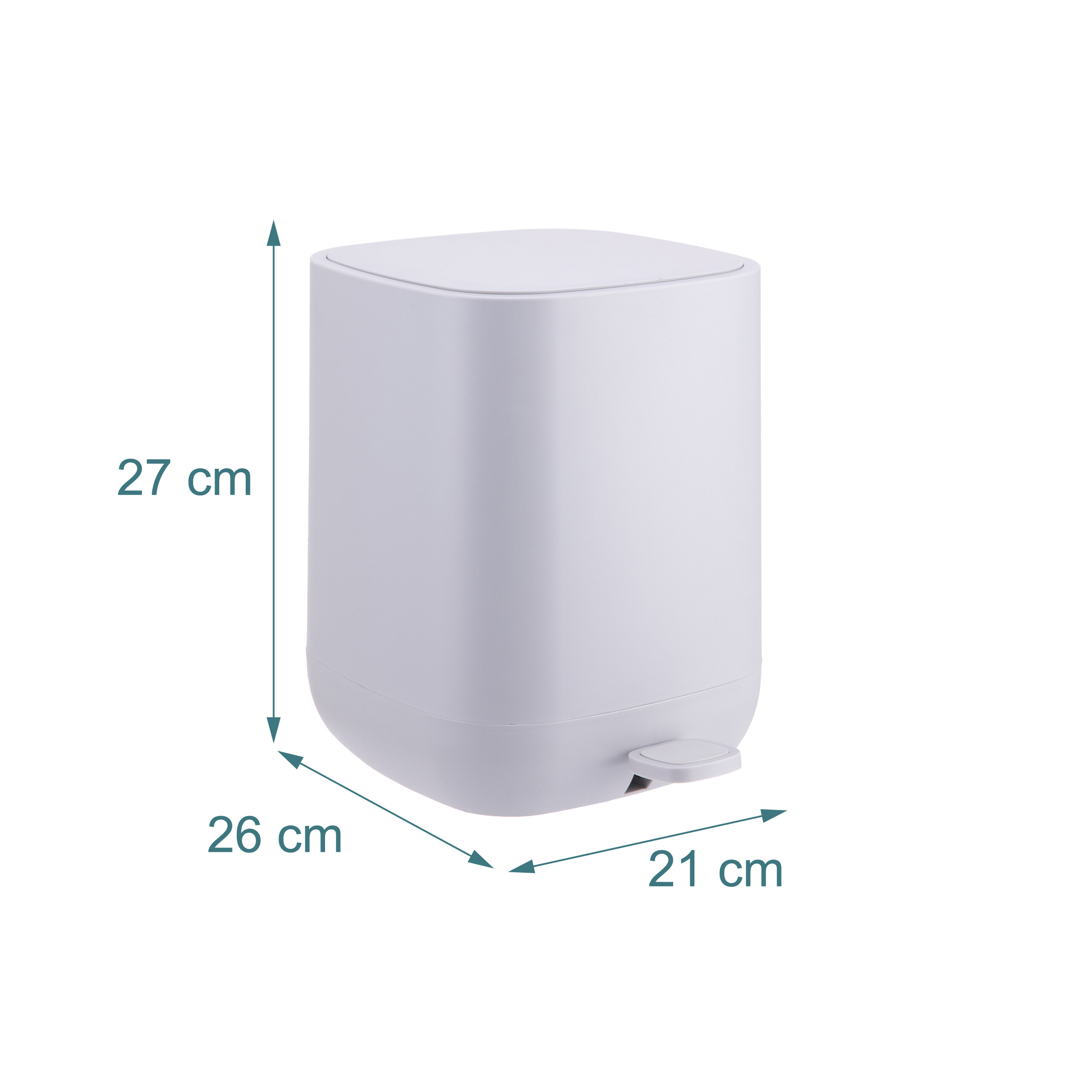 Ein weißer Treteimer mit den Maßen 27 cm Höhe, 26 cm Tiefe und 21 cm Breite auf weißem Hintergrund.