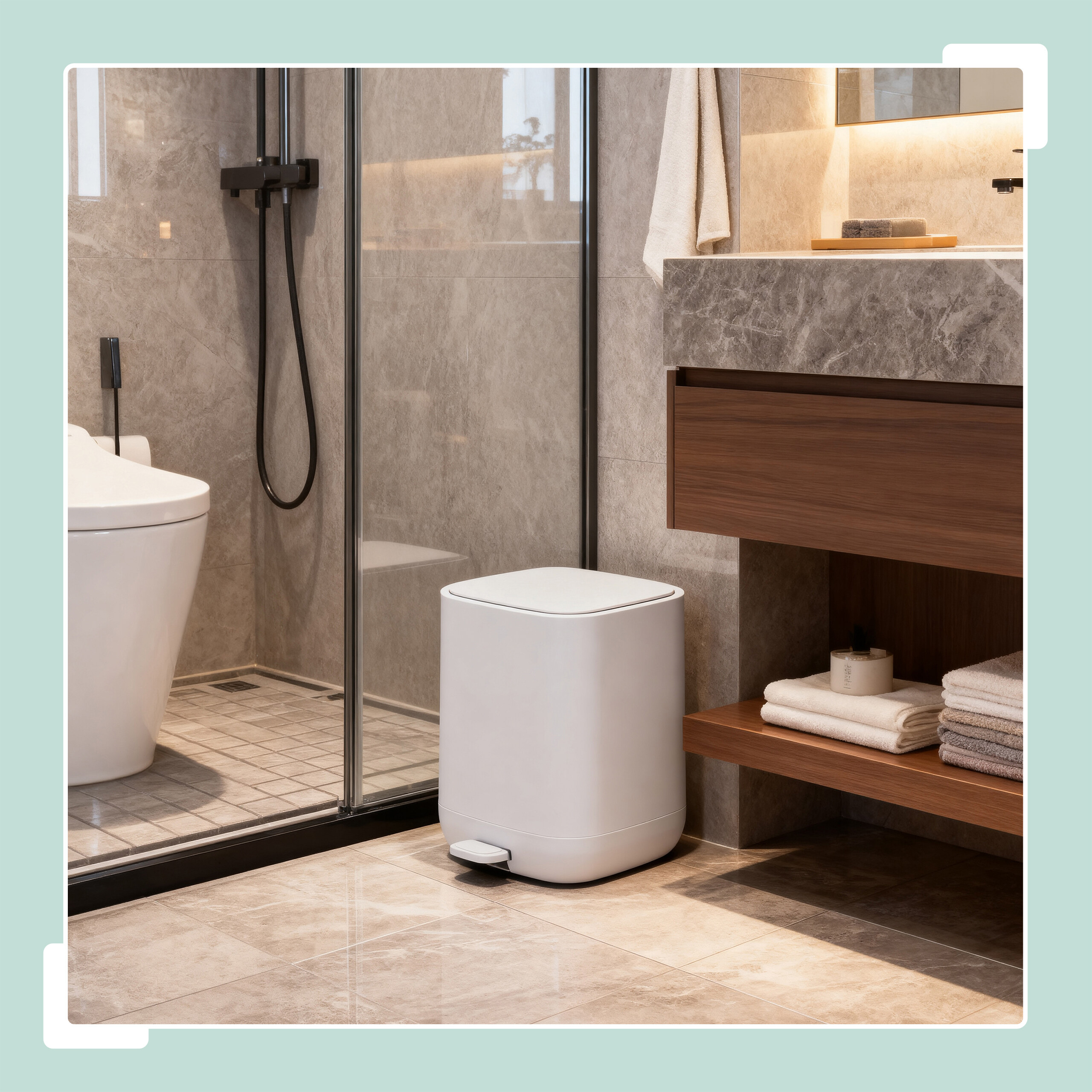 Ein moderner weißer Treteimer steht in einem luxuriösen Marmorbad mit Dusche, Toilette und Holzwaschtisch.
