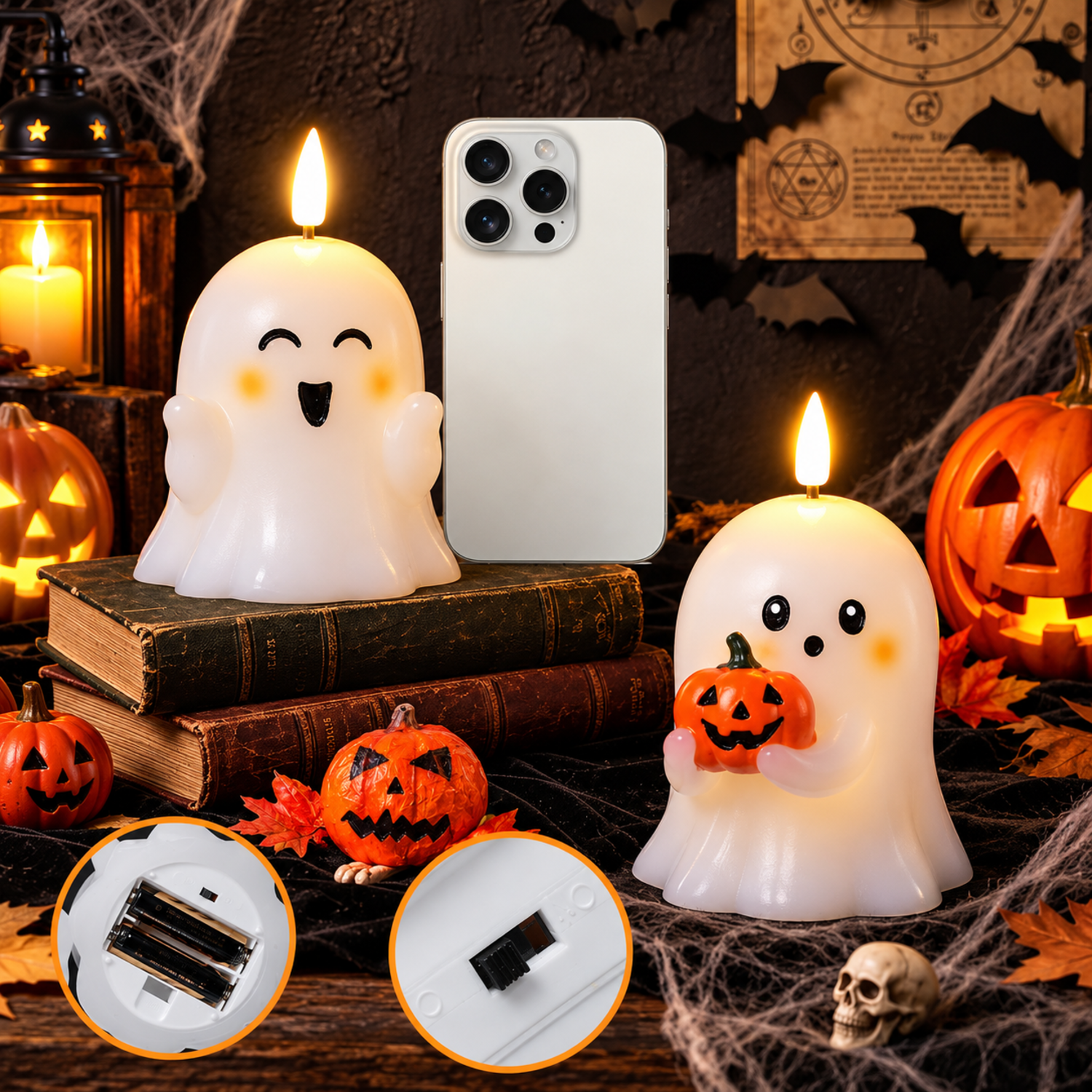 Halloween-Szene mit leuchtenden Geisterkerzen, einem Smartphone, Kürbissen, alten Büchern und einer Spinnennetz-Dekoration.
