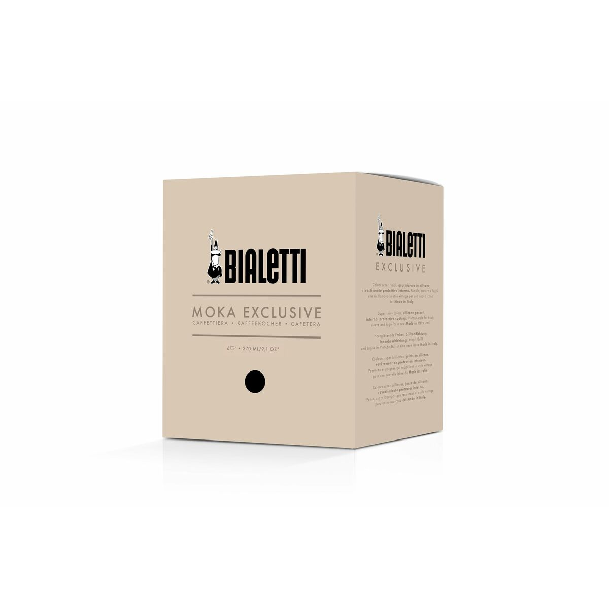 Scatola di prodotto beige-grigia per la caffettiera Bialetti Moka Exclusive con logo e testo neri.