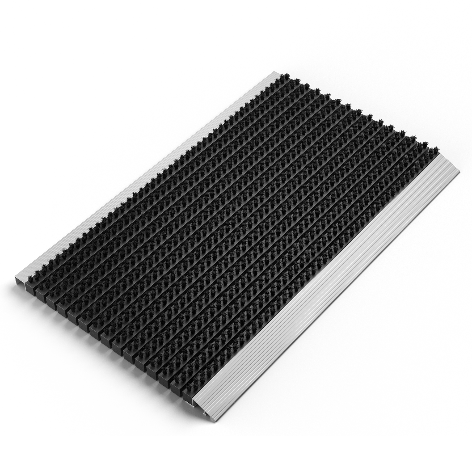Eingangsmatte aus Aluminium mit schwarzen Bürstenstreifen auf weißem Hintergrund.