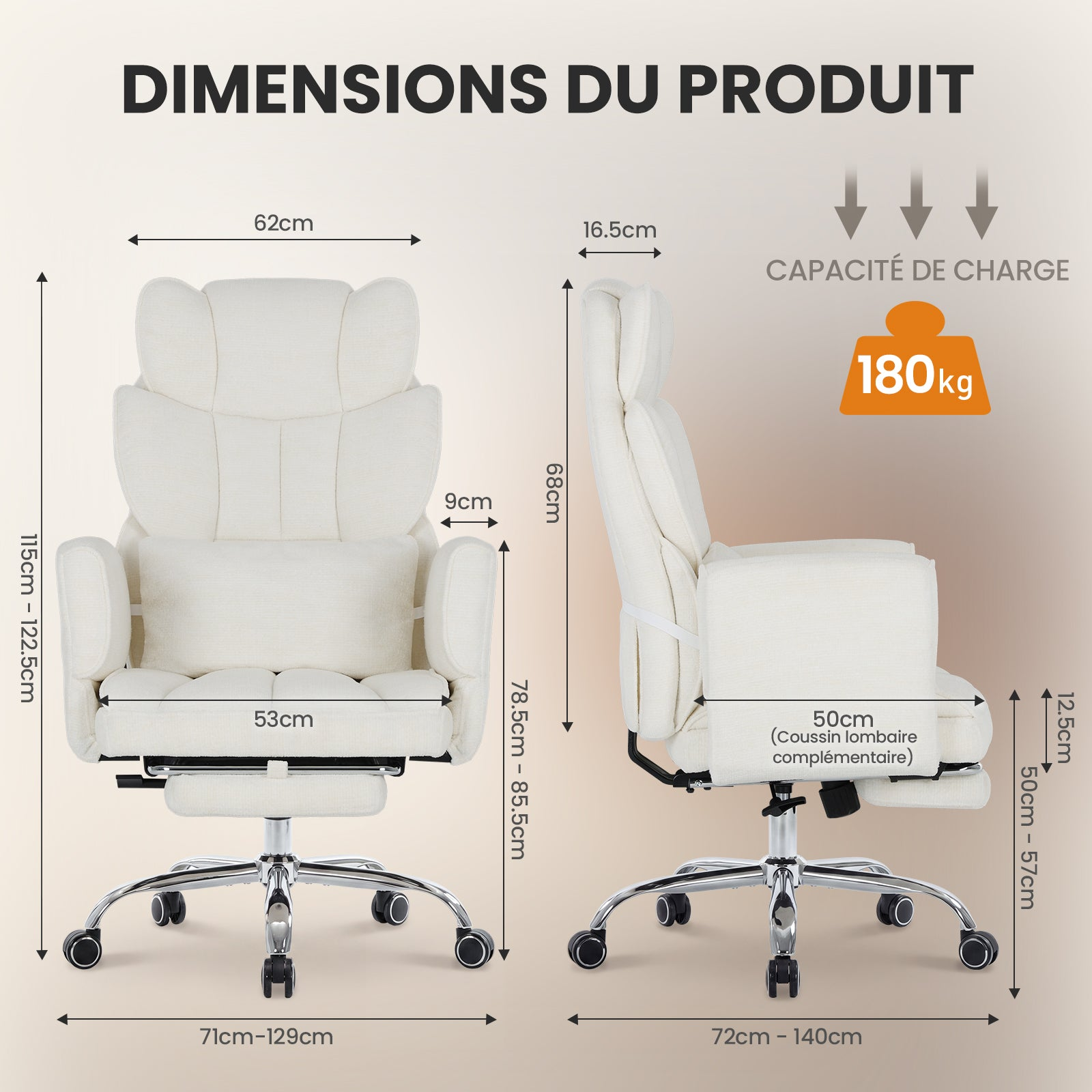 Technische Zeichnung mit Maßen eines weißen ergonomischen Stuhls und einer Tragkraft von 180kg.