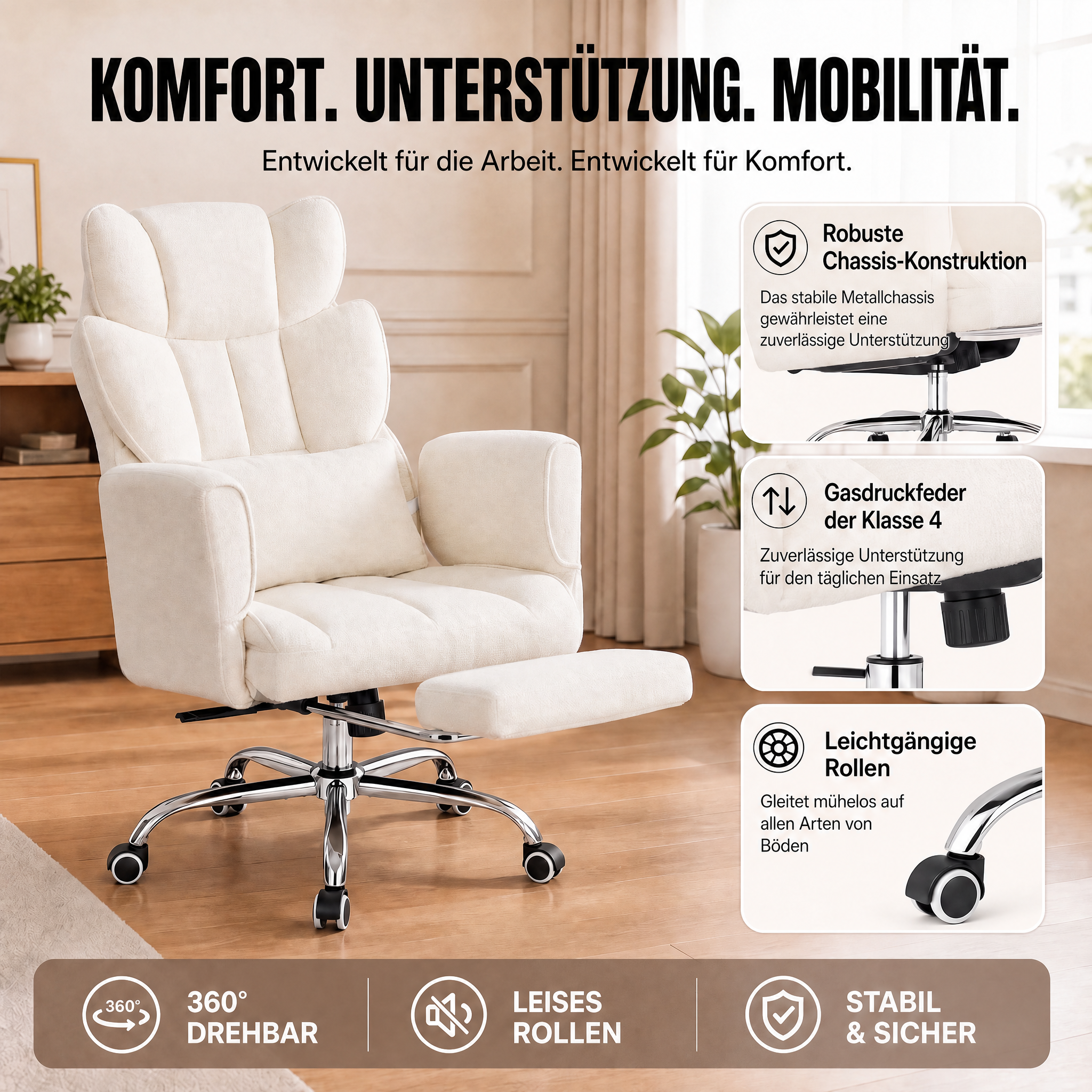 Beiger ergonomischer Buerostuhl mit Fussstuetze und Chromgestell, umgeben von erklärenden Produktgrafiken.