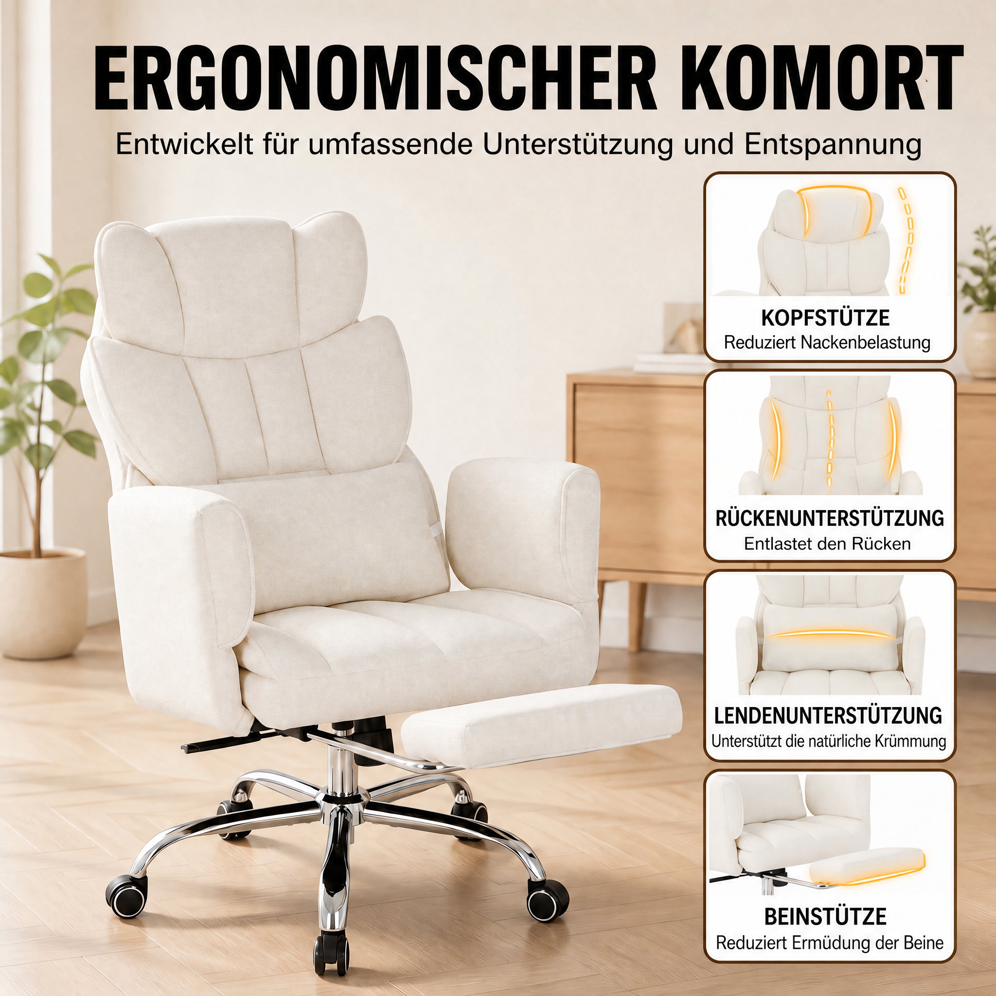 Weißer ergonomischer Bürostuhl mit Kopf-, Rücken-, Lenden- und Beinstütze zur Hervorhebung des Komforts.