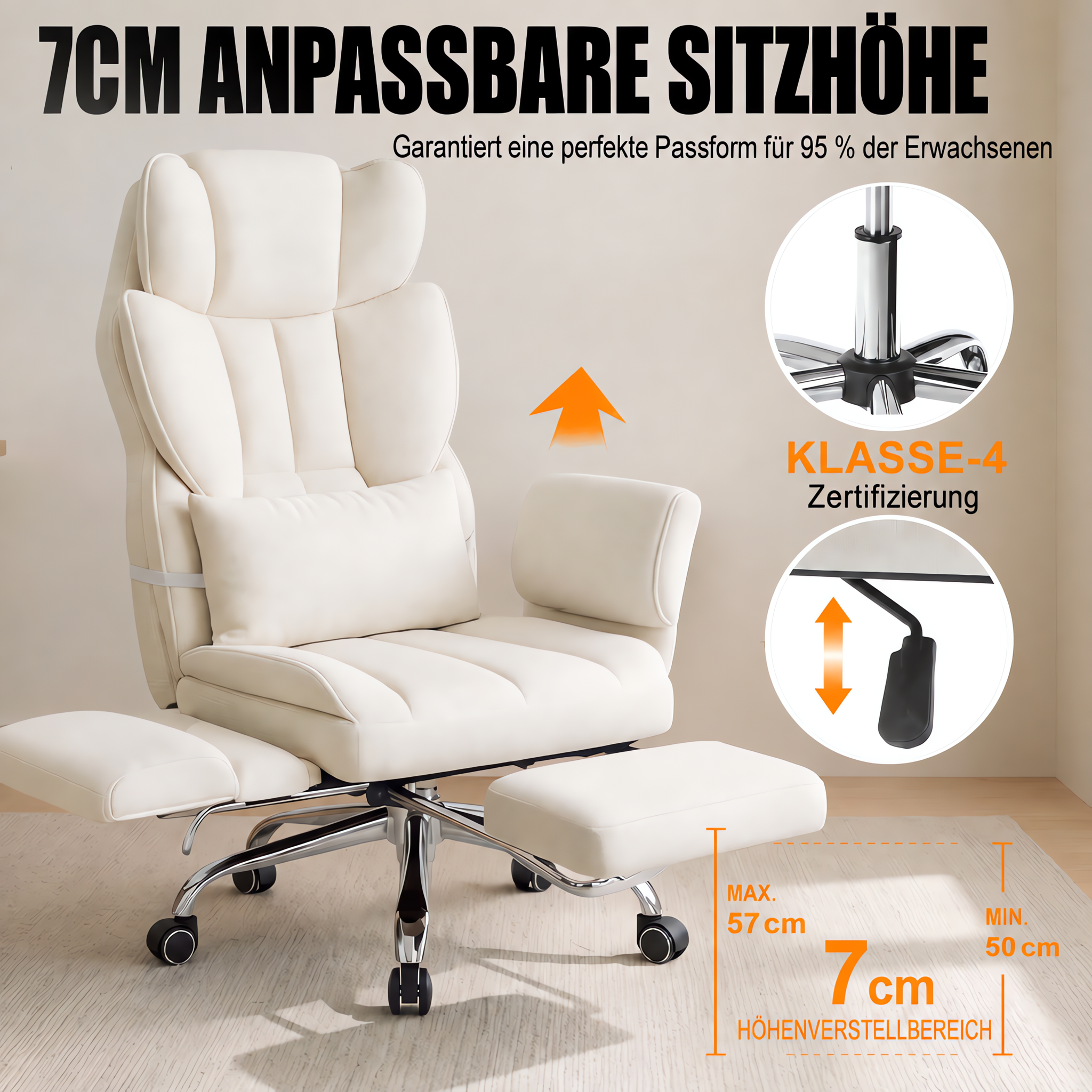 Beiger ergonomischer Buerostuhl mit Fussstuetze und verstellbarer Hoehe.