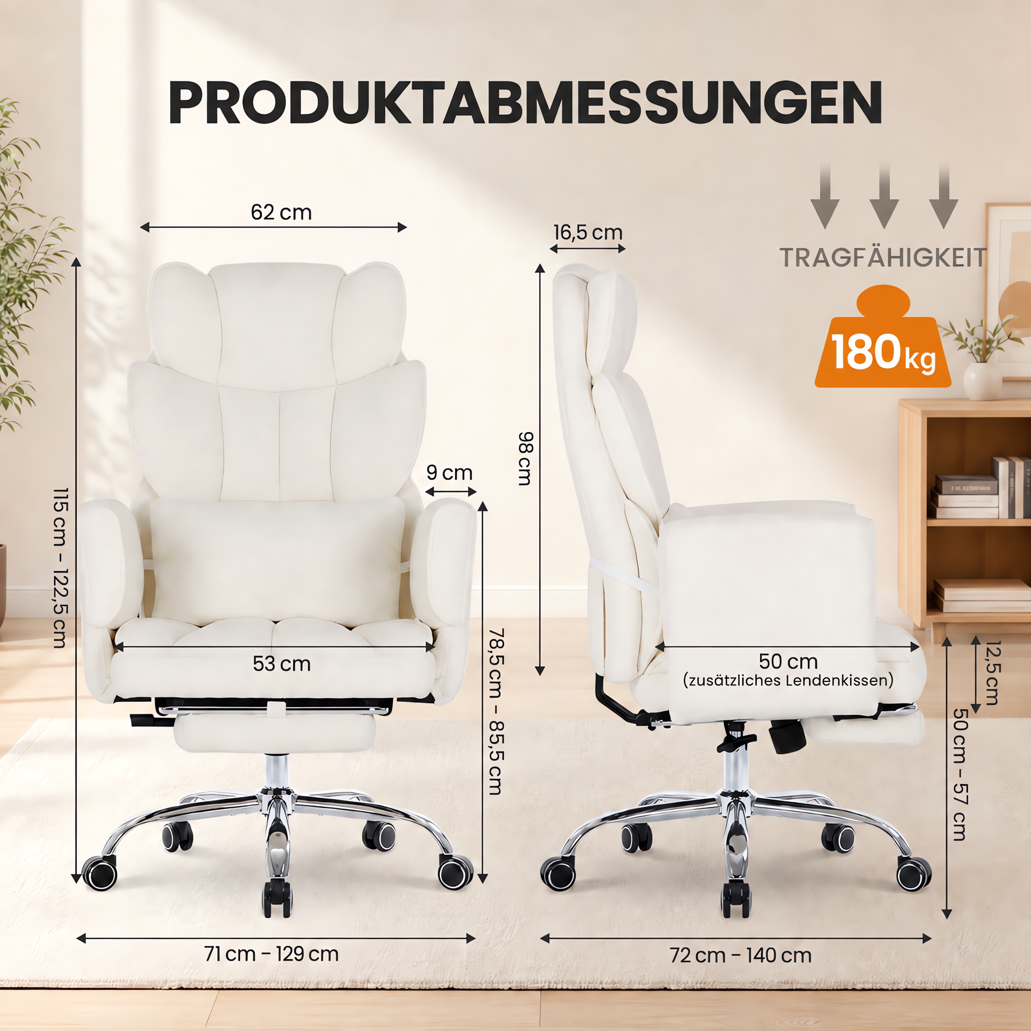 Produktabmessungen eines weißen Chefsessels mit Rücken-, Sitz- und Höhenmaßen sowie 180 kg Tragkraft.
