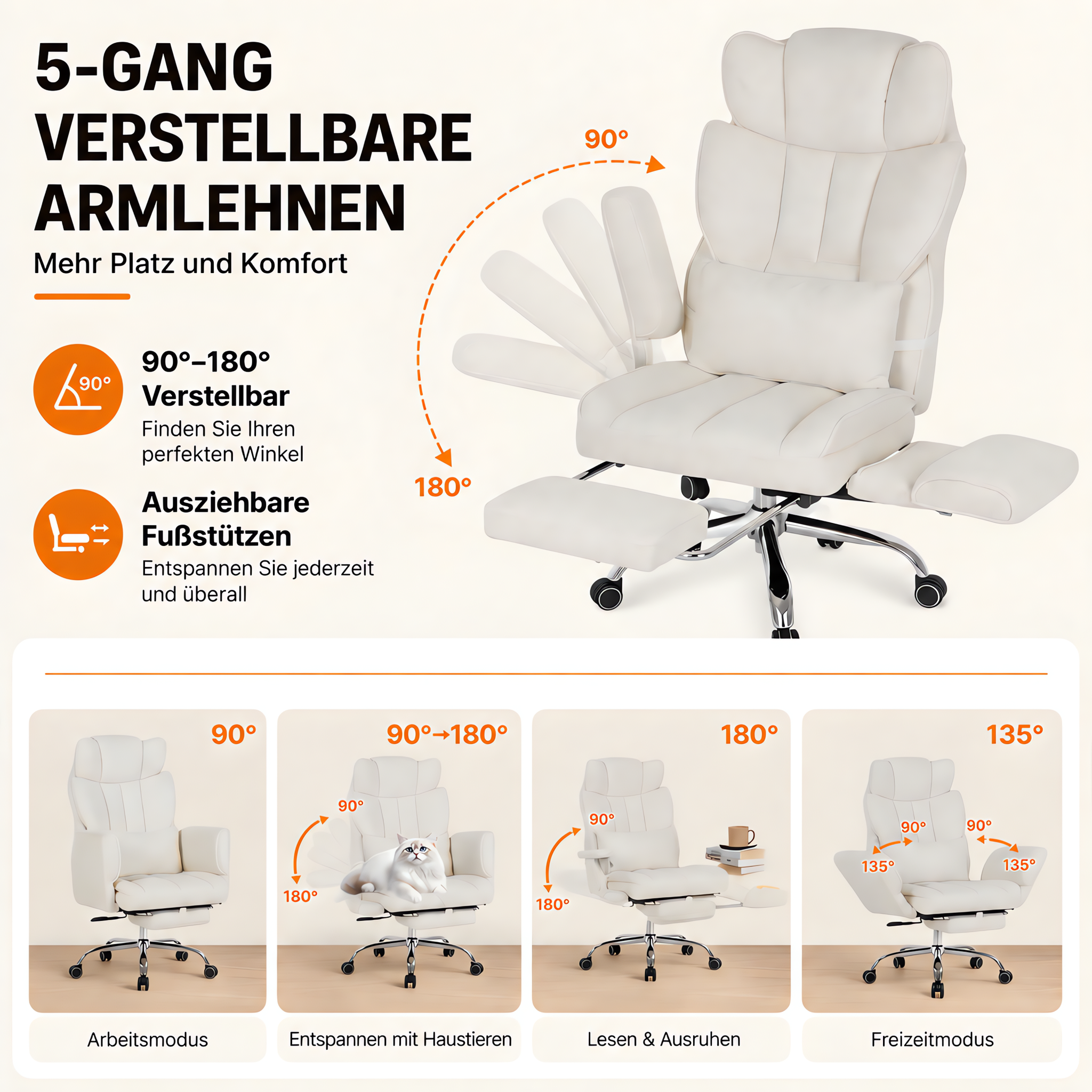 Weißer verstellbarer Bürostuhl mit Fußstütze und Armlehnen in vier Modi.