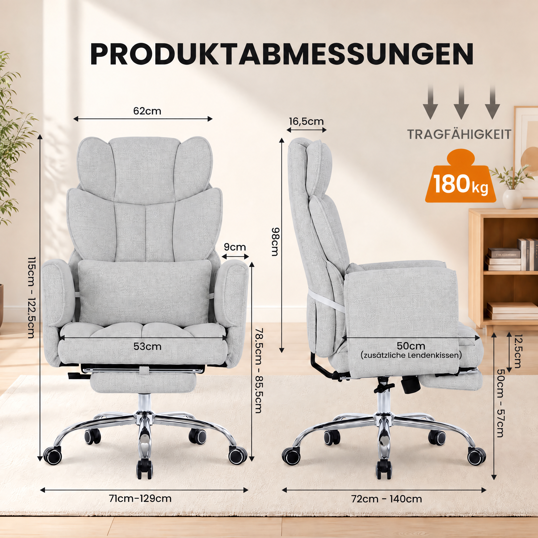 Produktabmessungen eines grauen Bürostuhls mit Fußstütze und Maßangaben.