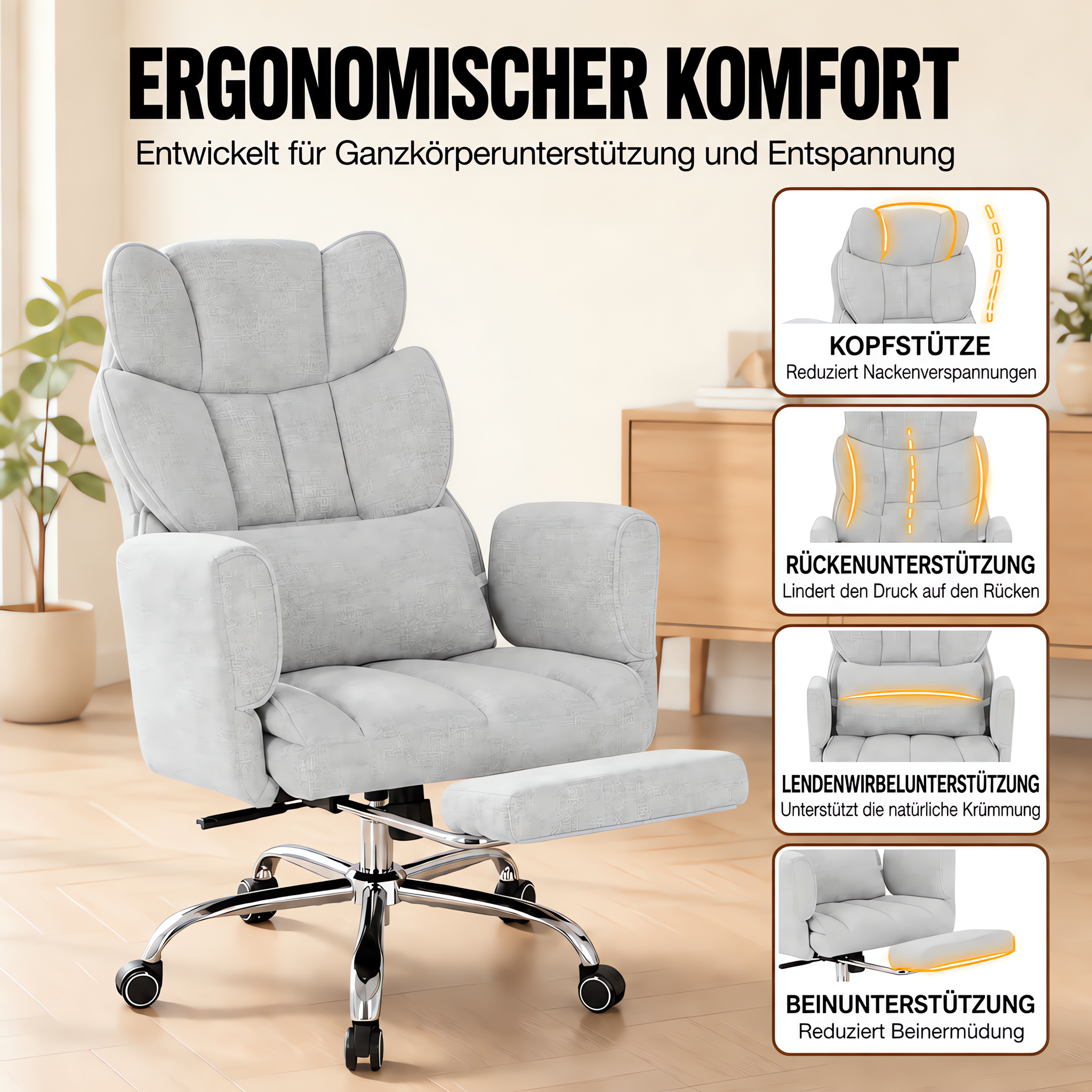 Ergonomischer grauer Bürostuhl mit Fußstütze und Funktionsdiagrammen.