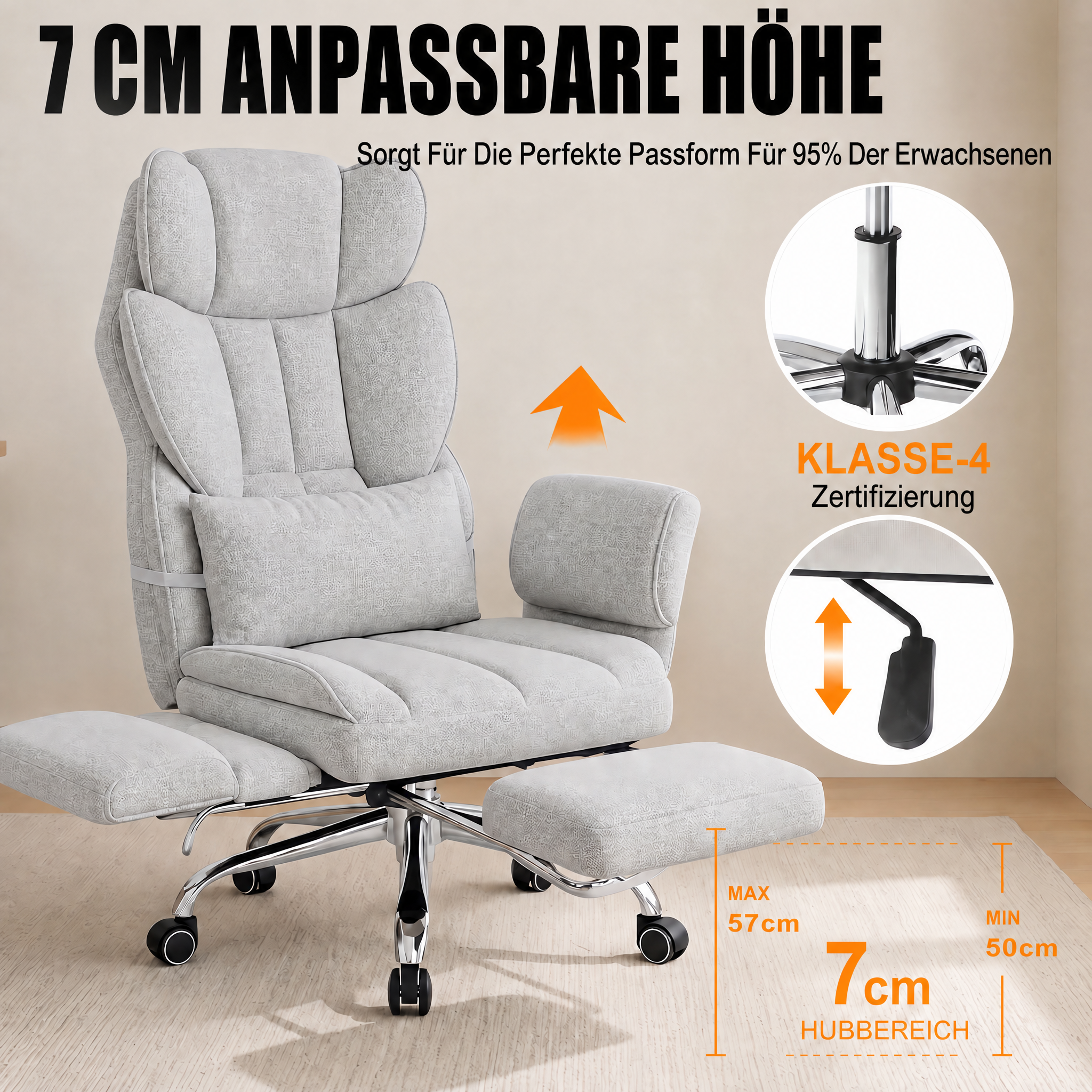 Ein hellgrauer ergonomischer Buerostuhl mit ausziehbarer Fussstuetze und Hoehenverstellung vor neutralem Hintergrund.