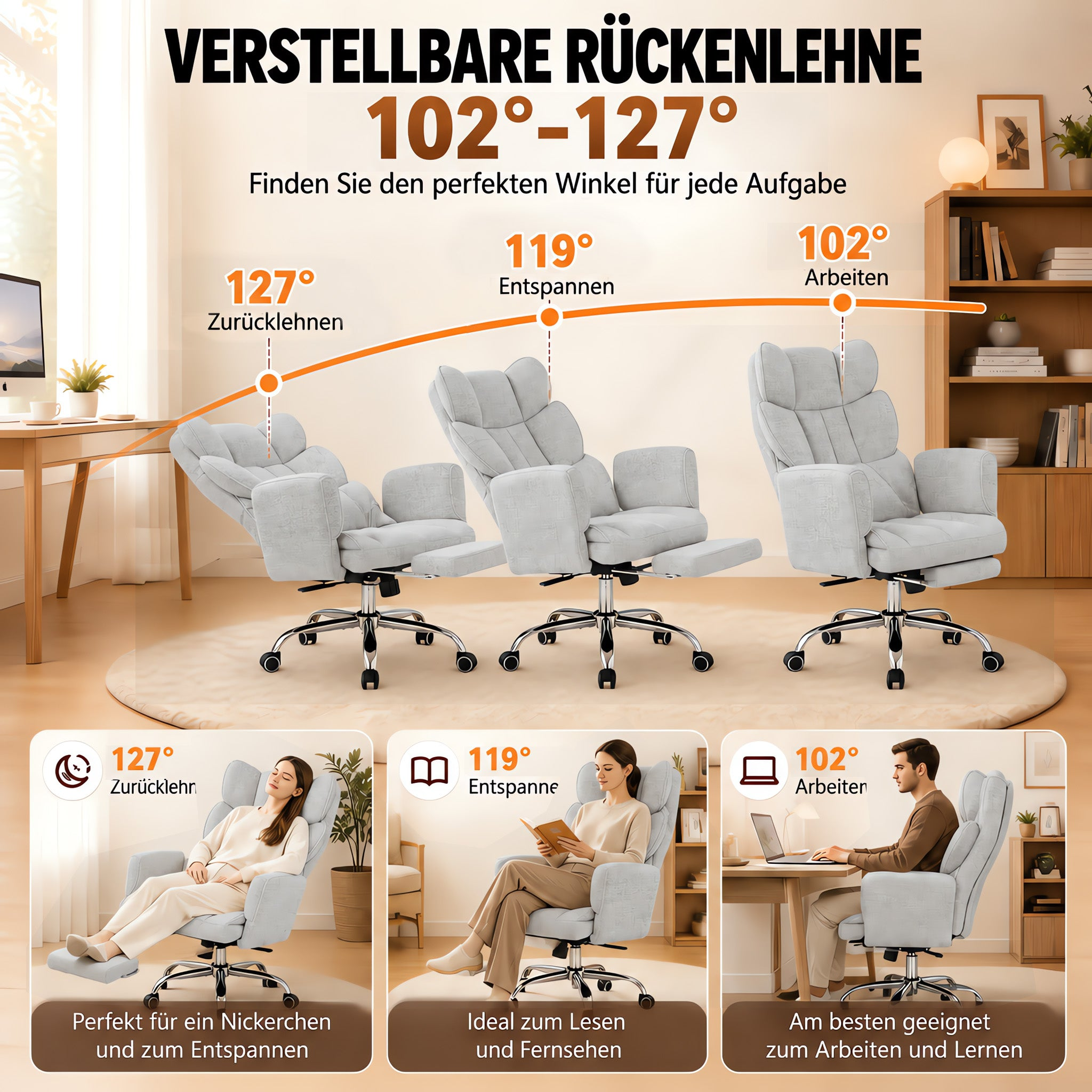 Verstellbarer grauer Stuhl mit Winkeln für Zurücklehnen, Entspannen und Arbeiten.