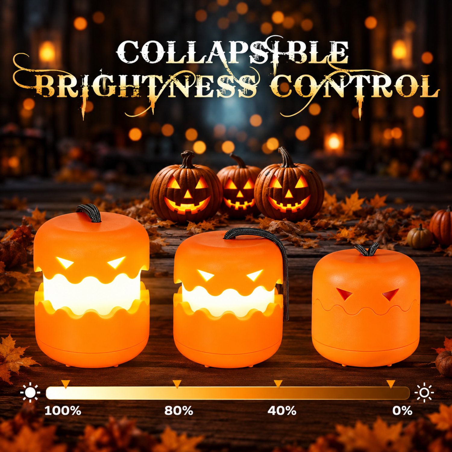 Drei orangefarbene Halloween-Laternen mit Helligkeitsregelung von 100% bis 0% auf herbstlichem Holzgrund.