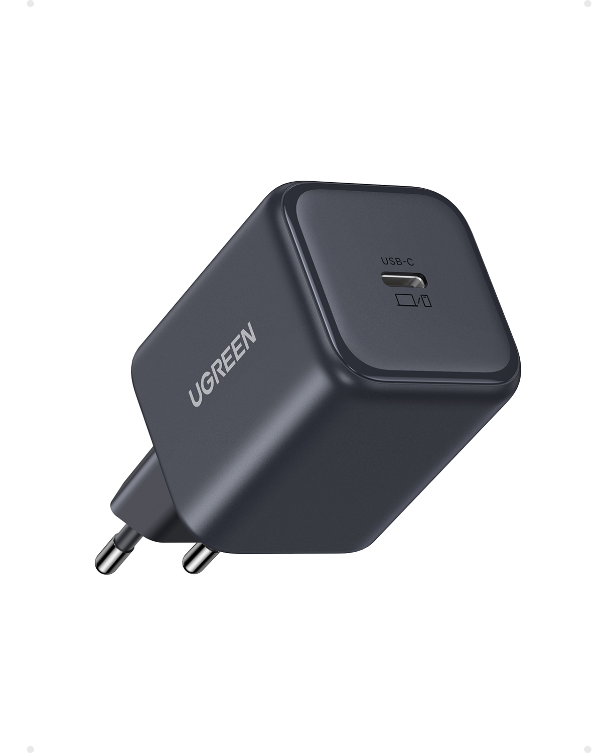 Beyaz arkaplanda AB fişli gri Ugreen USB-C güç adaptörü.