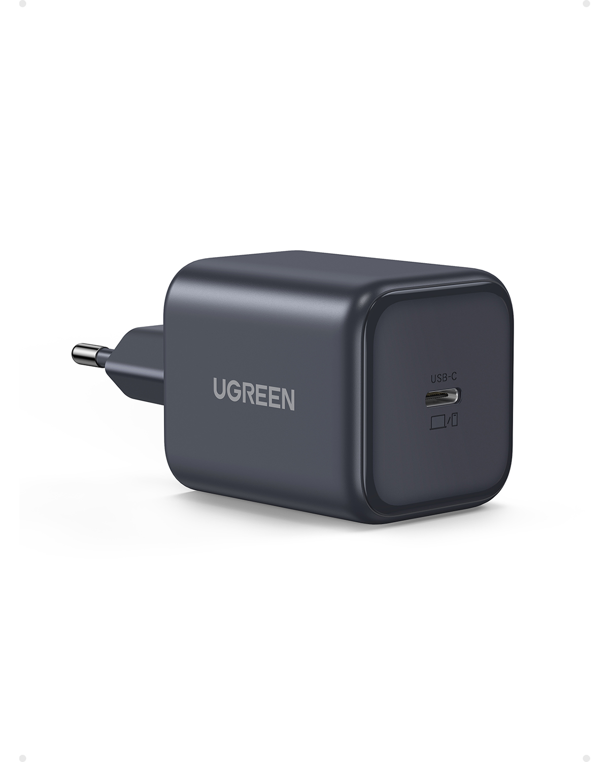 Beyaz arka planda yuvarlatılmış köşelere sahip koyu gri Ugreen USB-C şarj cihazı.