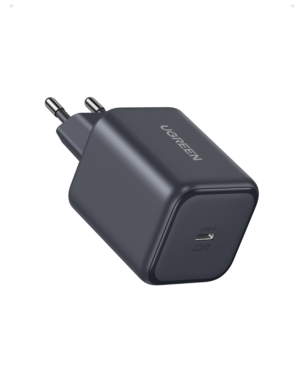 İki yuvarlak uçlu koyu gri Ugreen USB-C duvar şarj cihazı.