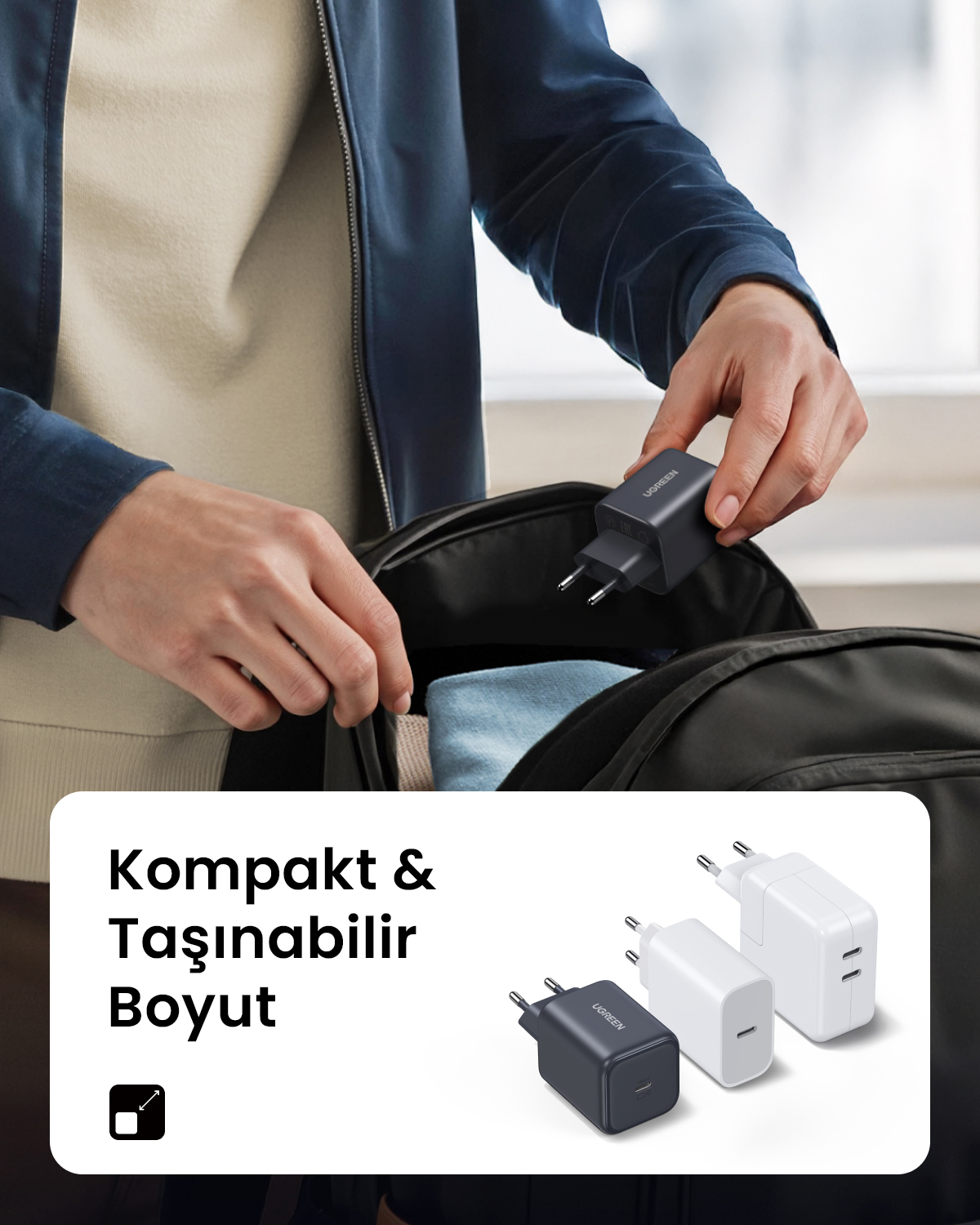 Kişi sırt çantasına kompakt USB şarj cihazı koyuyor. Altta üç şarj cihazı ve Kompakt & Taşınabilir Boyut metni.