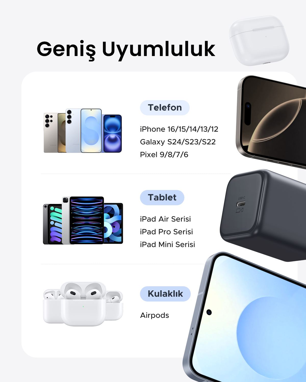 Akıllı telefon, tablet ve kulaklıklarla geniş uyumluluğu gösteren ürün reklamı.