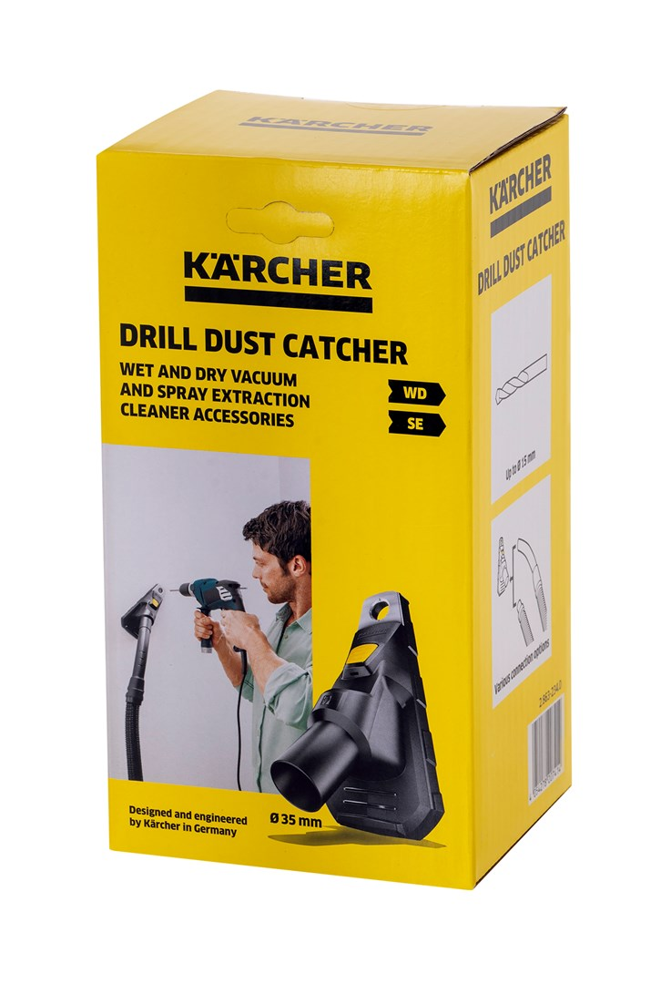 Żółte opakowanie Karcher Drill Dust Catcher ze zdjęciem produktu.