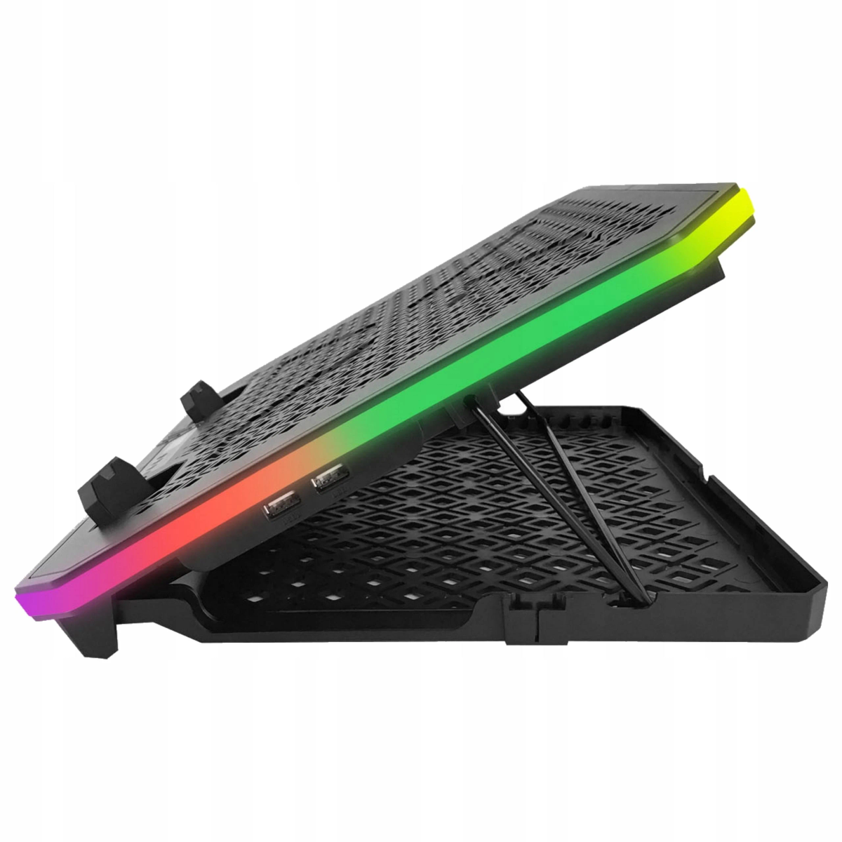 Czarna podkładka chłodząca do laptopa z podświetleniem RGB i regulowaną metalową podpórką, na białym tle.