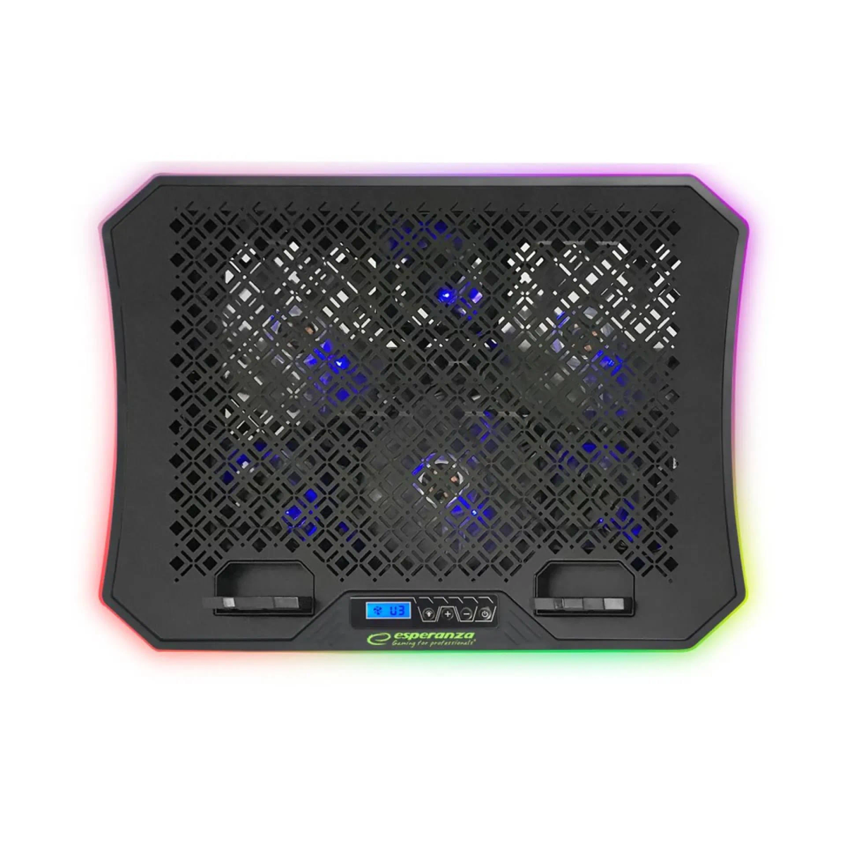 Czarna podkładka chłodząca do laptopa z siatką, niebieskim podświetleniem LED i kolorowymi światłami RGB.
