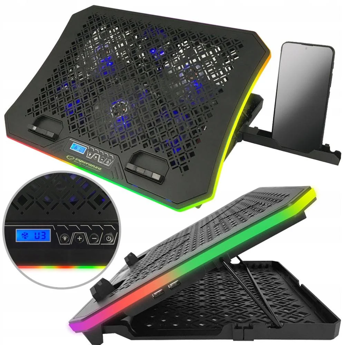 Czarna podkładka chłodząca do laptopa z oświetleniem RGB, wbudowanymi wentylatorami, wyświetlaczem i uchwytem na telefon.