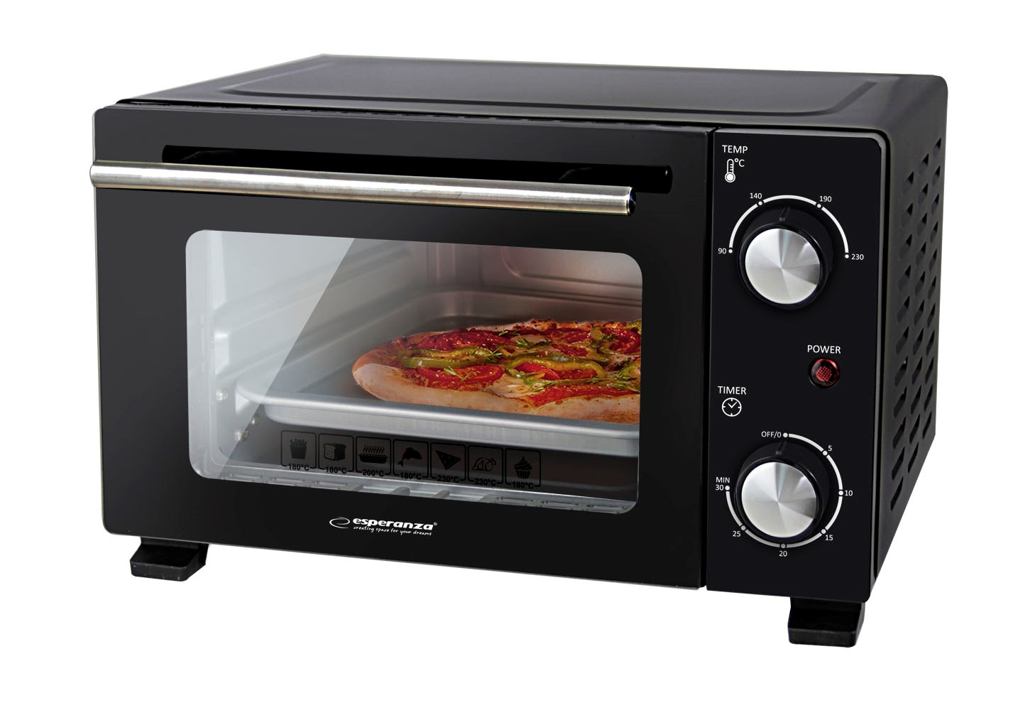 Kompaktowy czarny mini piekarnik ze szklanymi drzwiczkami prezentuje świeżą pizzę na blasze i dwa pokrętła.