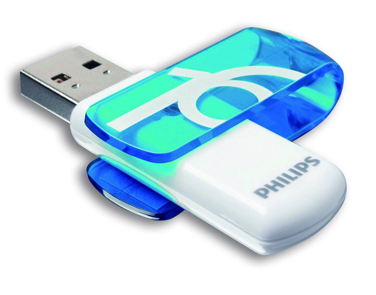 A white and blue Philips USB flash drive with a metal connector on a white background.