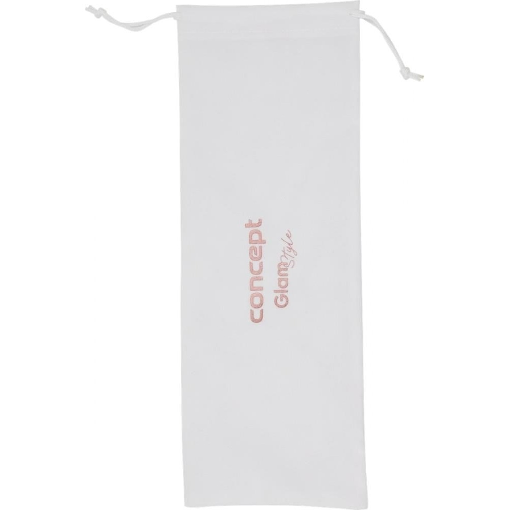 Una borsa in tessuto bianco con coulisse e la scritta oro rosa Concept GlamStyle su fondo bianco.