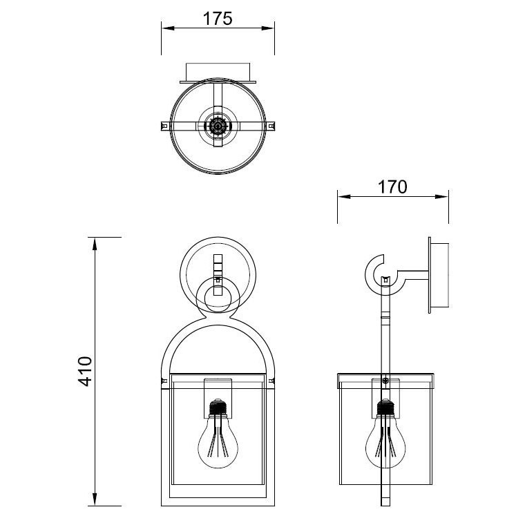 Dibujo técnico de un aplique de pared con medidas en milímetros desde tres perspectivas.