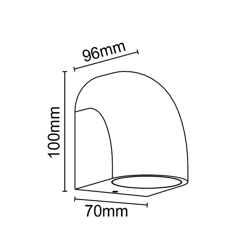 Dibujo técnico de un aplique de pared redondeado con dimensiones: 100 mm de alto, 96 mm de ancho y 70 mm de fondo.
