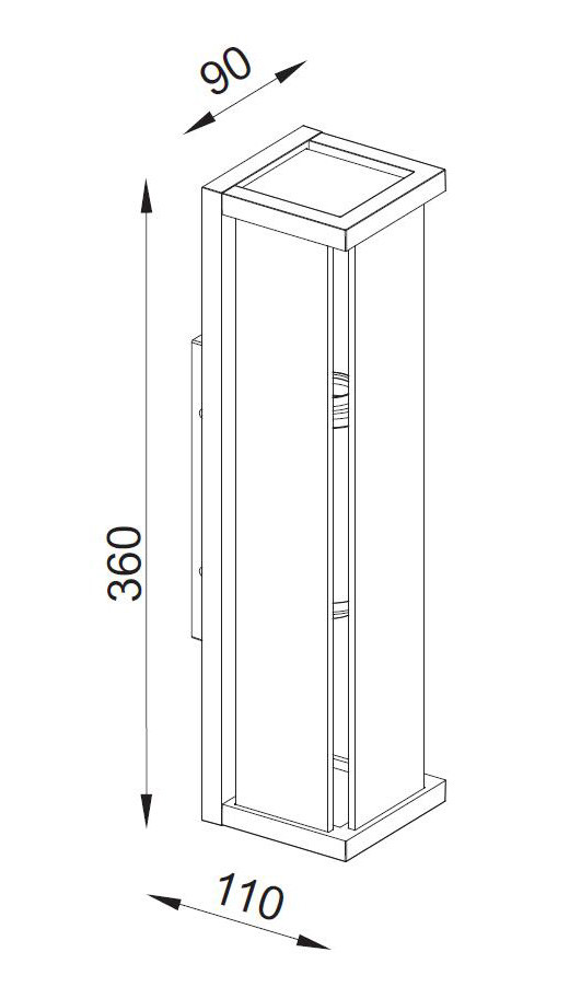 Dibujo técnico de un aplique alargado con dimensiones: alto 360, ancho 90, fondo 110.
