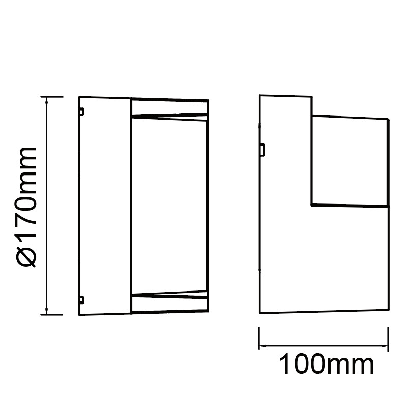 Dibujo técnico de un aplique de pared de 170mm de alto y 100mm de fondo.