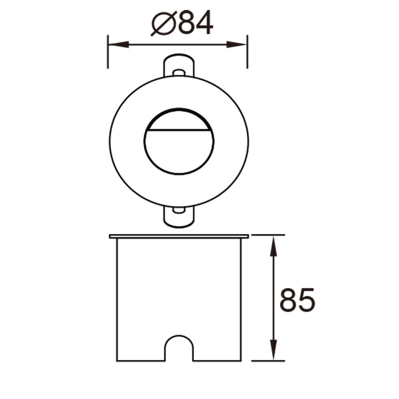 Dibujo técnico de un foco empotrable redondo con 84 de diámetro y 85 de altura.