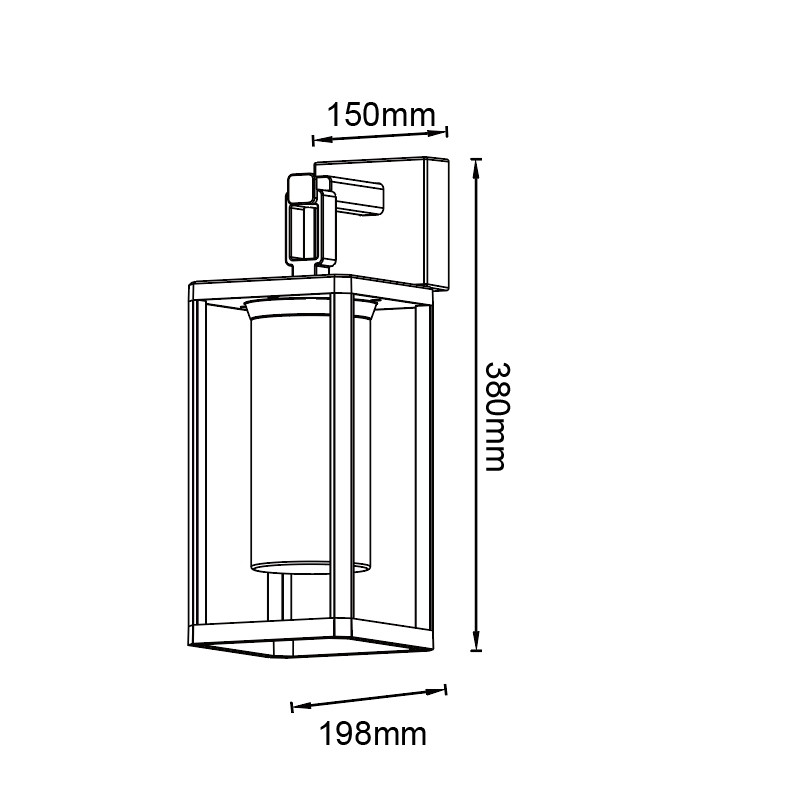 Dibujo técnico de un aplique de pared con dimensiones: altura 380 mm, anchura 150 mm y profundidad 198 mm.