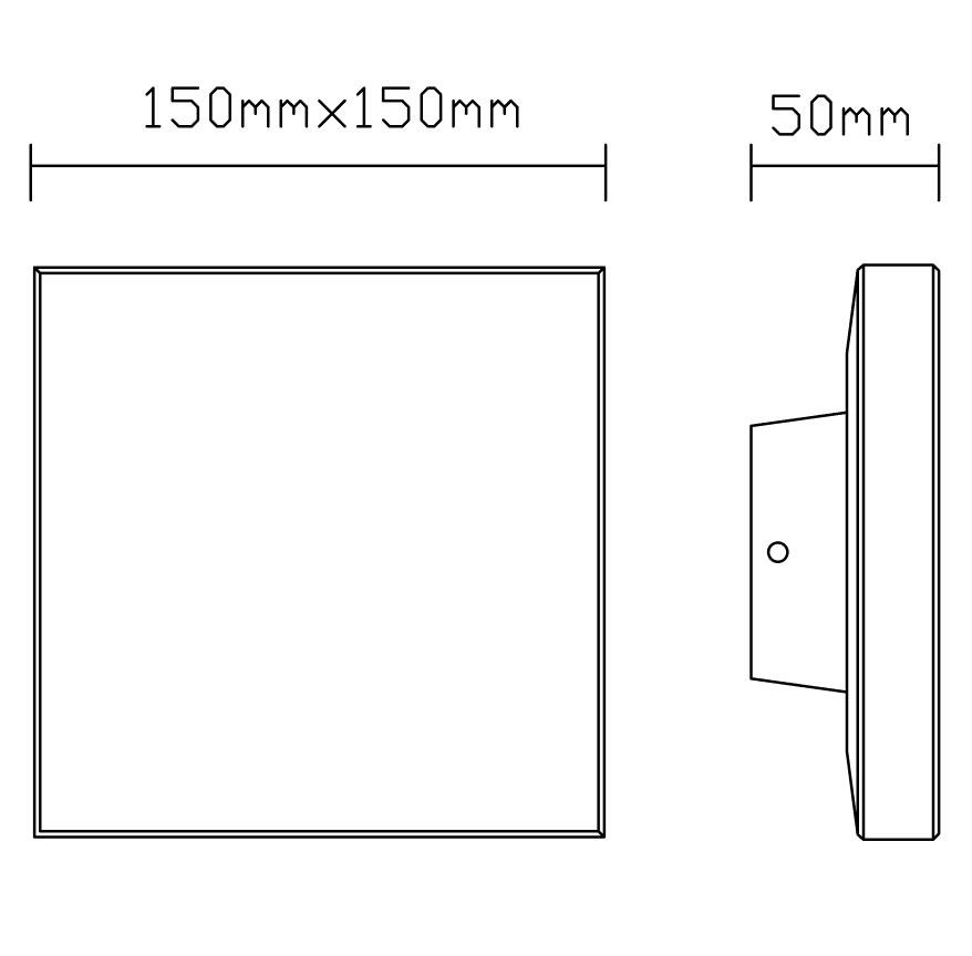 Dibujo técnico de un objeto cuadrado con dimensiones de 150mm por 150mm y una profundidad de 50mm.