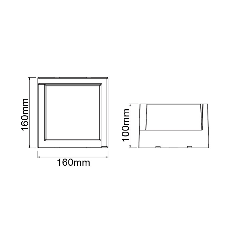 Dibujo técnico de una luminaria cuadrada con dimensiones: 160 mm de ancho, 160 mm de alto y 100 mm de profundidad.