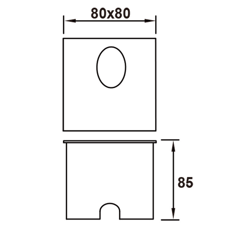 Dibujo técnico que muestra vistas superior y frontal con dimensiones 80x80 y altura 85.