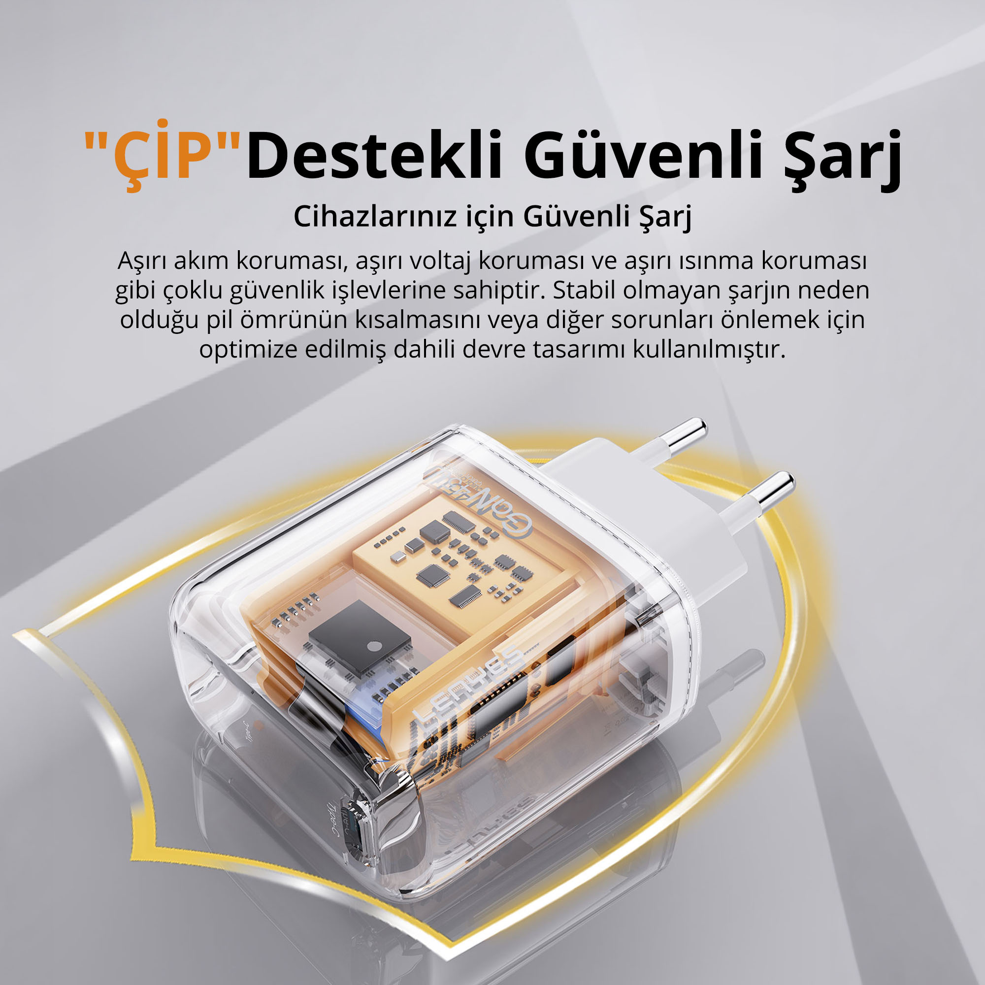 Güvenli şarj hakkında Türkçe metin ve içi görünen şeffaf şarj cihazı.