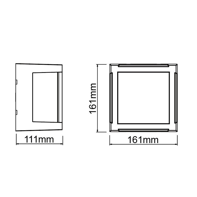 Dibujo técnico de una luminaria cuadrada con dimensiones de 161 mm por 161 mm y 111 mm de profundidad.