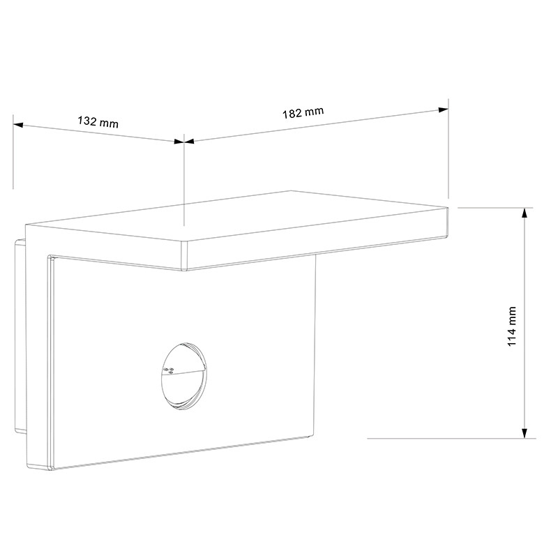 Dibujo técnico de un aplique de pared con dimensiones de 132 mm, 182 mm y 114 mm.