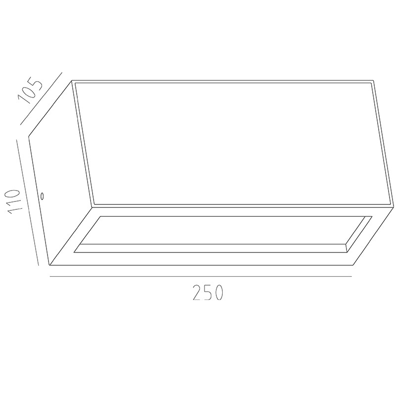 Dibujo lineal de una luminaria rectangular con etiquetas de dimensiones 250, 110 y 105 mm.