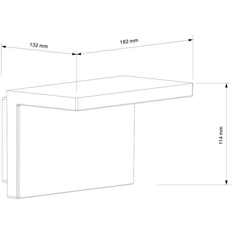 Dibujo lineal de un estante de pared con dimensiones: 132 mm, 182 mm y 114 mm.