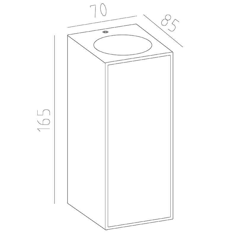 Esquema técnico de un cuerpo rectangular con dimensiones: alto 165, ancho 70, profundidad 85.