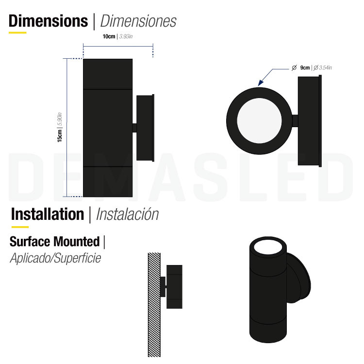 Plano técnico que muestra dimensiones y detalles de instalación de superficie para un aplique cilíndrico negro.