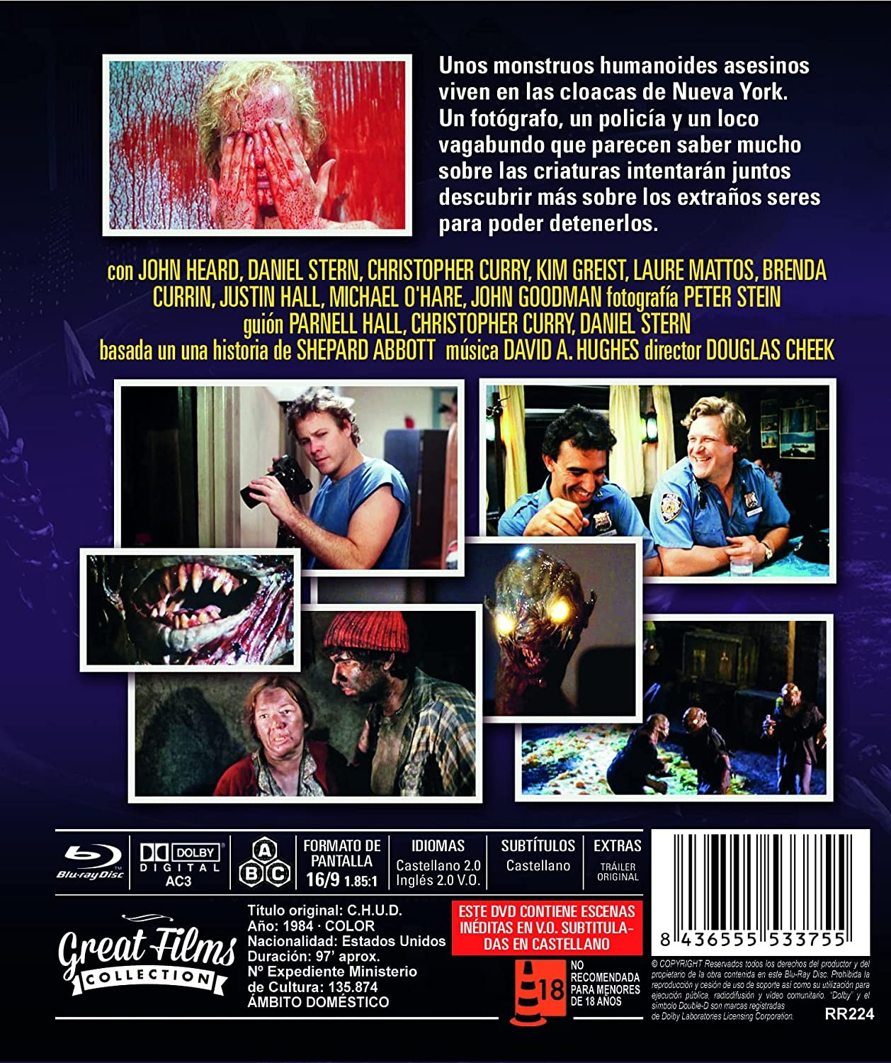Contraportada del DVD de C.H.U.D. con fotogramas, resumen, reparto y detalles técnicos.