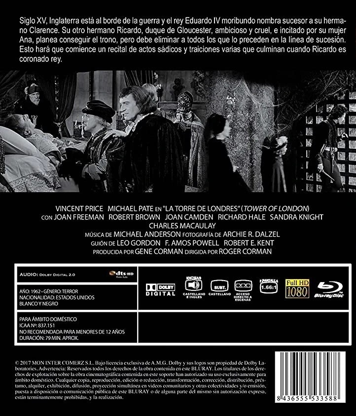 Contraportada del Blu-ray de Tower of London en blanco y negro con escenas y texto.